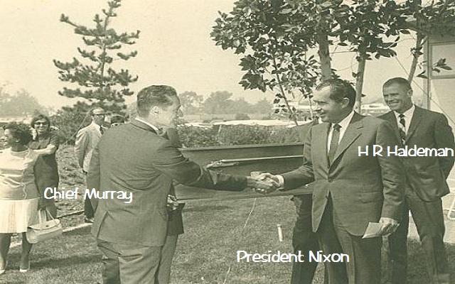 President Nixon, San CVlemte Police Chif Cliff Murray and H R Haldeman